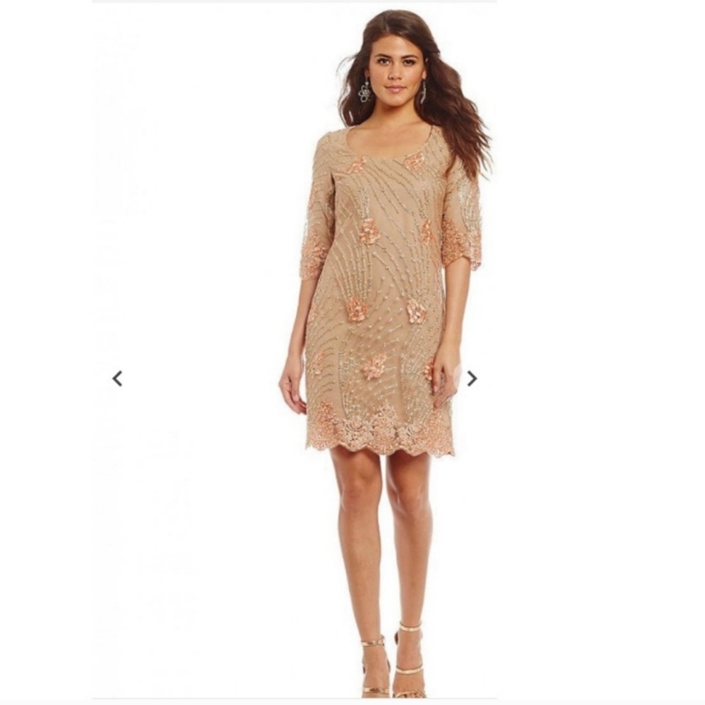 Badgley Mischka Embroidered Metallic Floral Treads Shift Dress - 4